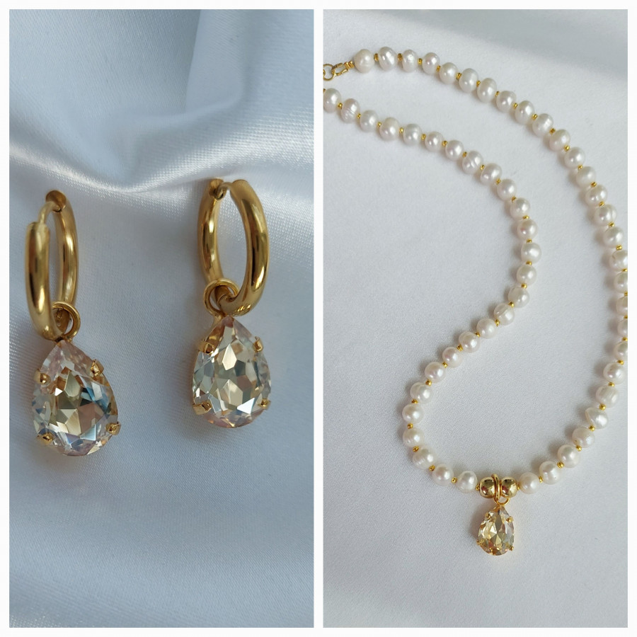 Upinių perlų verinys su swarovski pakabuku+auskarai