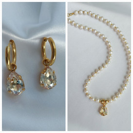 Upinių perlų verinys su swarovski pakabuku+auskarai
