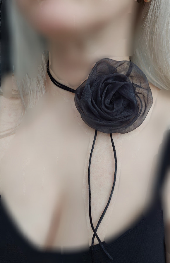 2in1 juoda organza gėlė sagė/kaklo aksesuaras