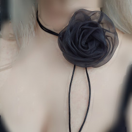 2in1 juoda organza gėlė sagė/kaklo aksesuaras