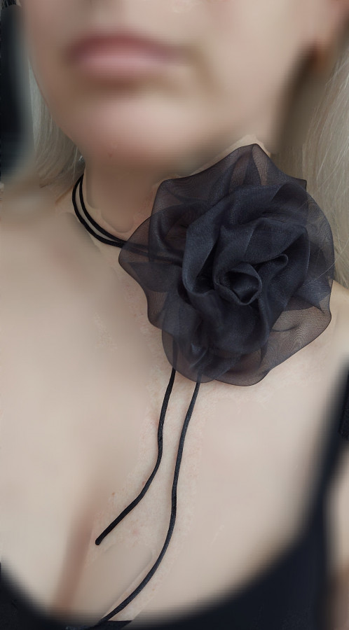 2in1 didesne juoda organza gėlė sagė/kaklo aksesuaras