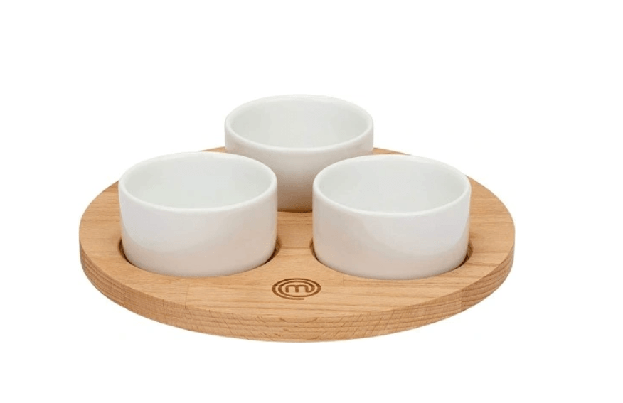 3 MasterChef užkandžių dubenėlių rinkinys su buko medžio padėklu
