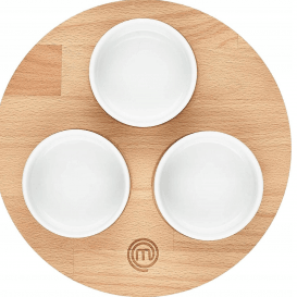 3 MasterChef užkandžių dubenėlių rinkinys su buko medžio padėklu