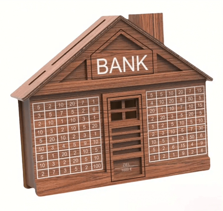 Medinė taupyklė „Bankas“ su taupymo iššūkiu 1 000 Eur – taupykite smagiai!