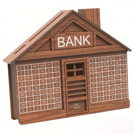 Medinė taupyklė „Bankas“ su taupymo iššūkiu 1 000 Eur – taupykite smagiai!